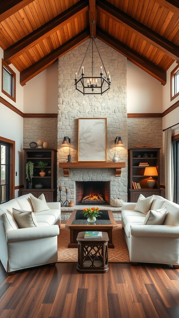 Cozy living room with white sofas, vaulted wooden ceiling, and a stone fireplace.