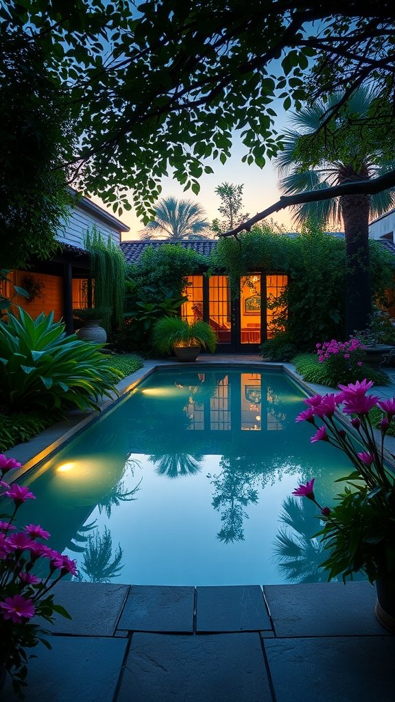 A peaceful hidden garden pool surrounded by lush plants and flowers, with warm light glowing from the nearby windows.