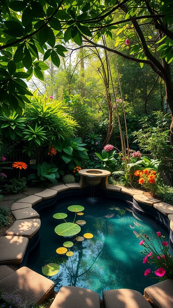A small, hidden garden pool surrounded by lush greenery and colorful flowers.