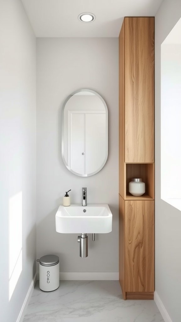 A modern small bathroom featuring a high narrow wooden cabinet, a wall-mounted sink, and a round mirror.