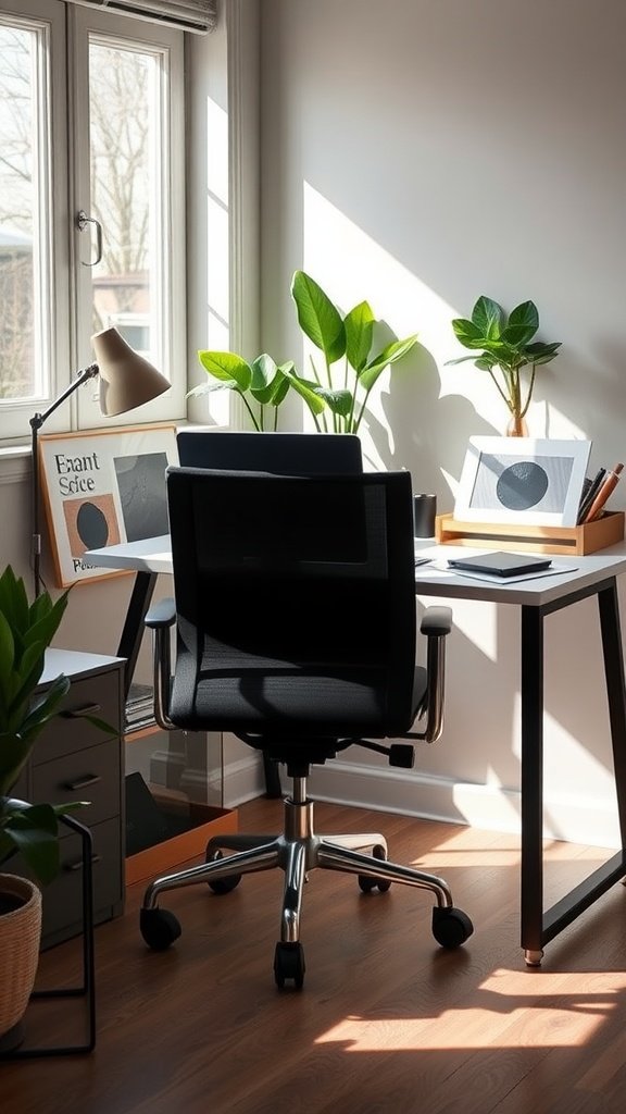 A modern home office setup featuring a desk, ergonomic chair, plants, and natural light.