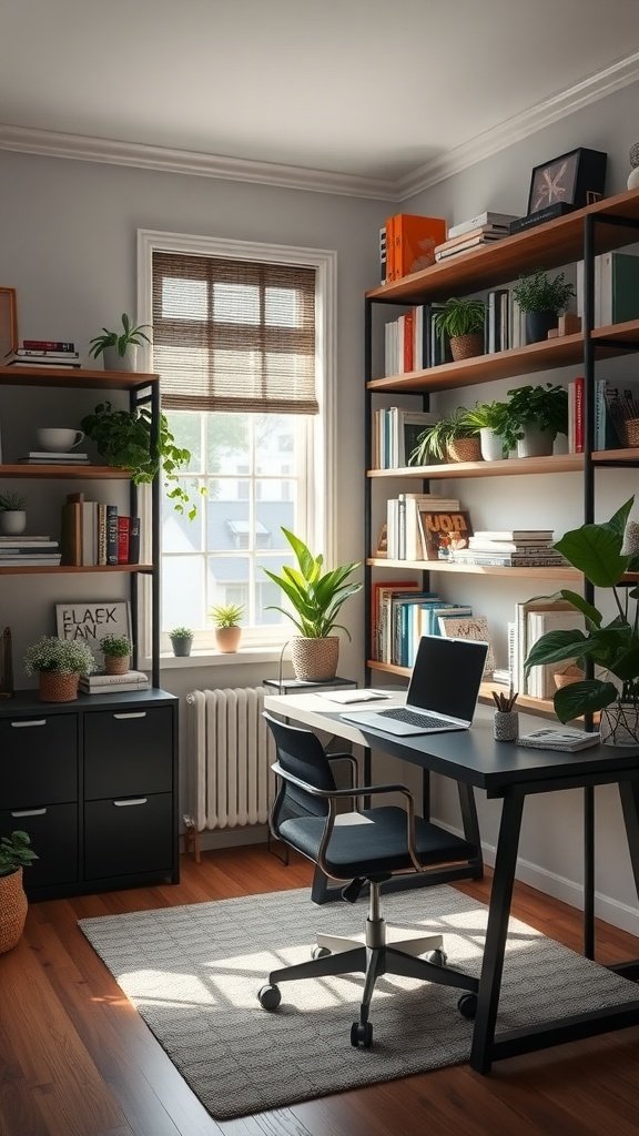 A home office featuring custom shelving filled with plants and books, a desk, and a comfortable chair.