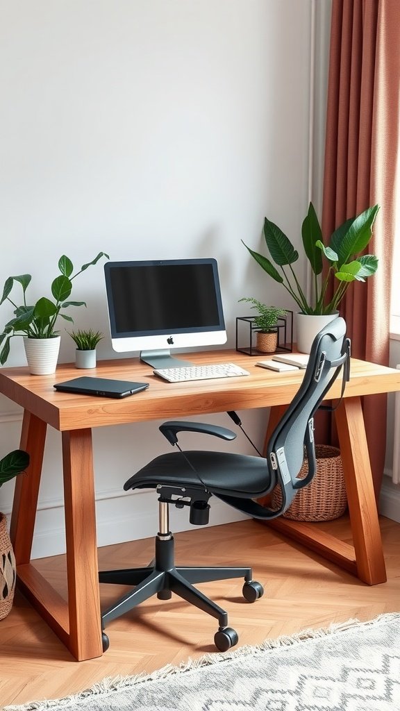 A stylish home office with a DIY wooden desk, ergonomic chair, computer, and plants.
