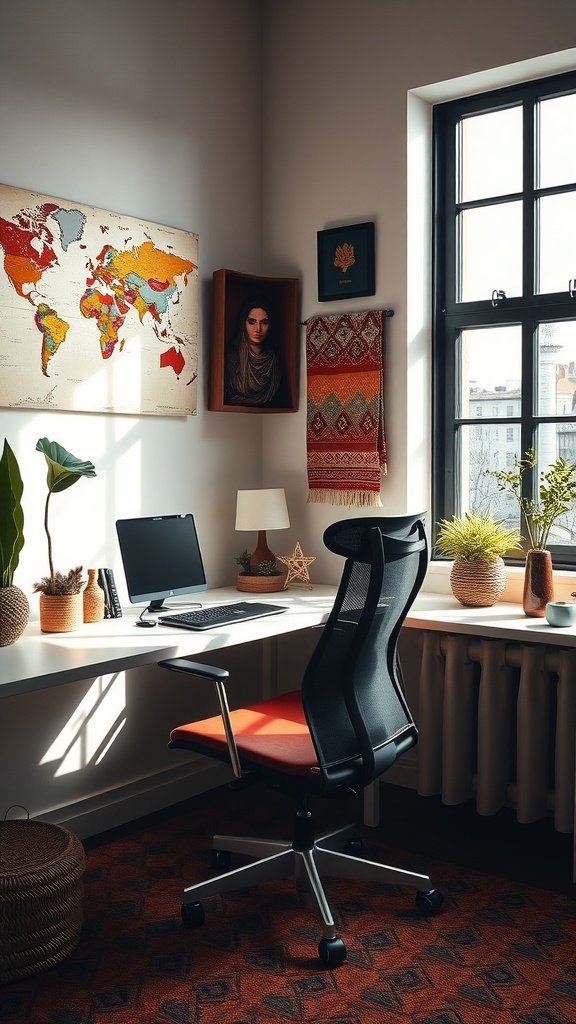 Home office with a world map, modern desk, comfortable chair, and global decor.