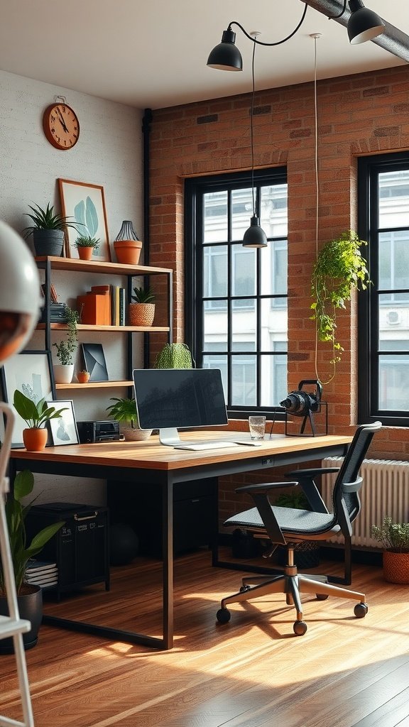 Home office with industrial accents featuring a wooden desk, plants, and a brick wall.