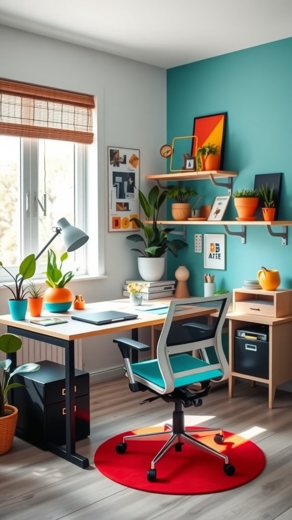 A colorful home office setup with a teal wall, orange plant pots, and a stylish desk.