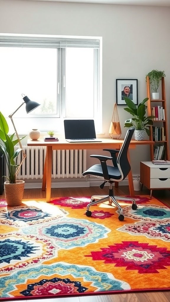 A vibrant home office featuring a colorful statement rug, a wooden desk, and plants, creating an inviting workspace.