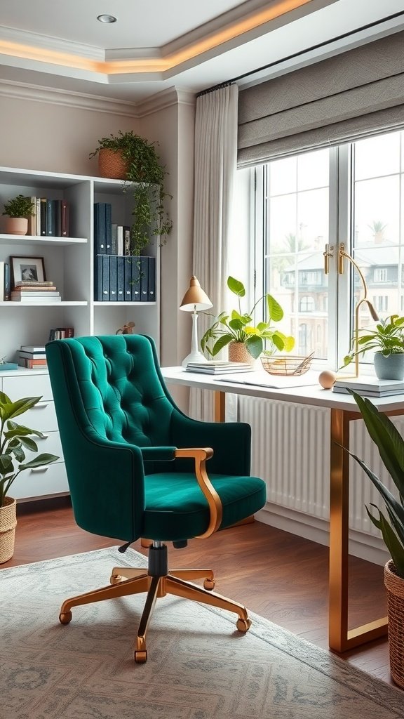 Home office setup featuring a turquoise velvet chair and a gold-accented desk with plants and books.