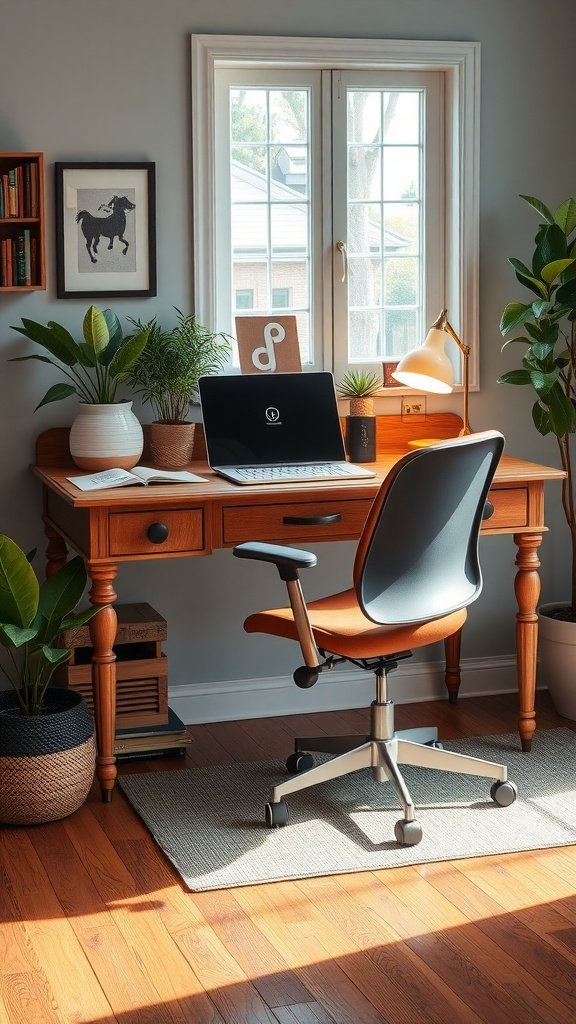 A vintage desk in a home office with a laptop, plants, and a desk lamp.
