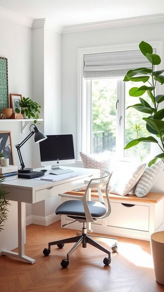 A bright home office setup featuring a desk with a computer, a modern office chair, and a cozy window seat with cushions.