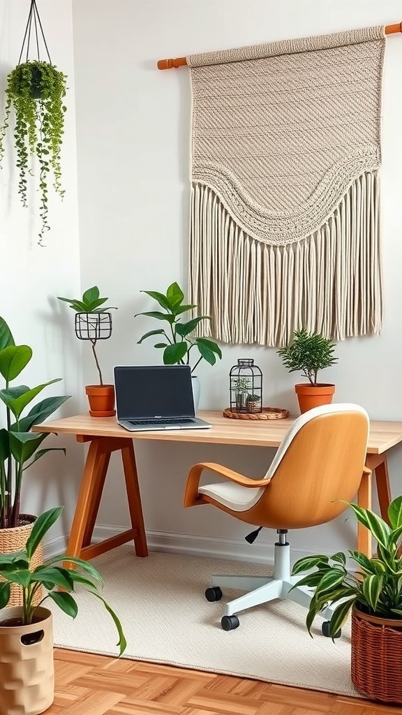 A cozy home office setup featuring a woven wall hanging, a wooden desk, laptop, and green plants.