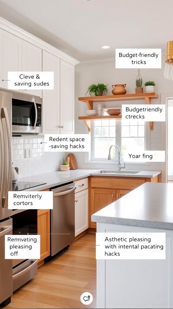 A bright kitchen with budget-friendly renovation tips highlighted