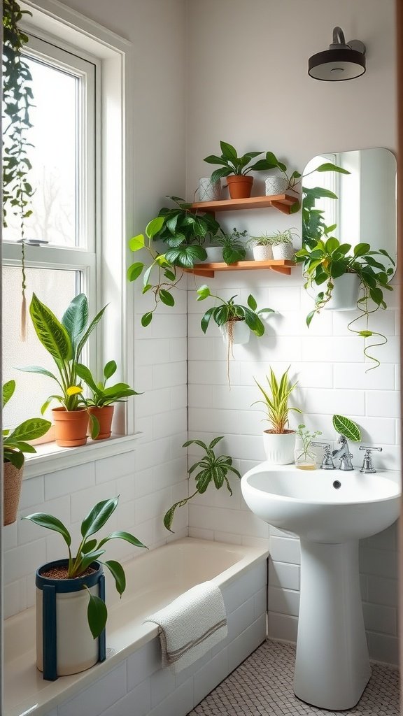 Bright bathroom filled with various low light houseplants in pots on shelves and by the bathtub.