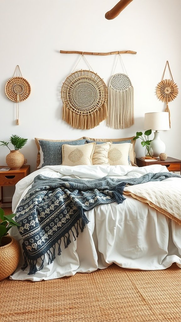 A cozy boho bedroom featuring a neatly made bed with layered blankets, decorative pillows, and macramé wall hangings.