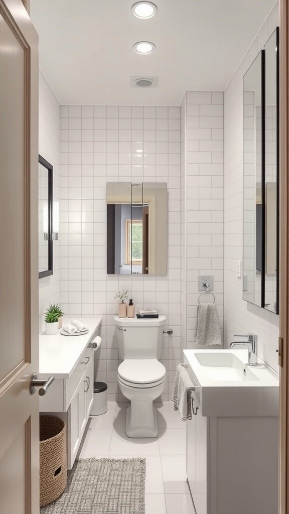 A modern small bathroom featuring white tiles, a sink, a toilet, and mirrors that create an illusion of space.