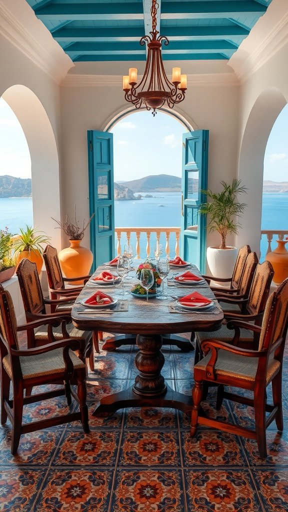 A bright and inviting dining room with blue doors open to a scenic view, featuring a wooden table set for dinner.
