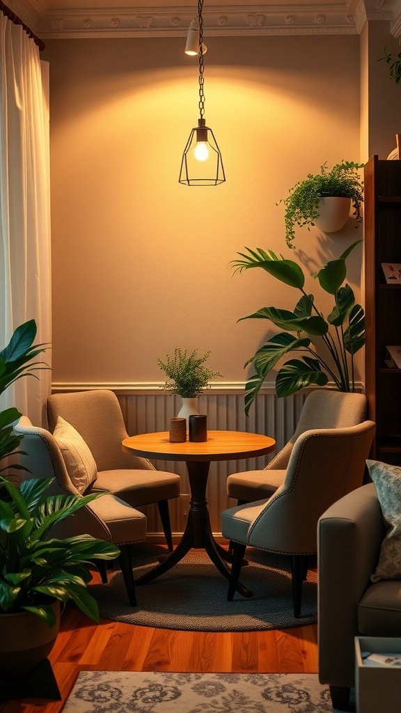 A cozy corner dining nook featuring a round wooden table with two armchairs and plants, softly lit for a warm atmosphere.