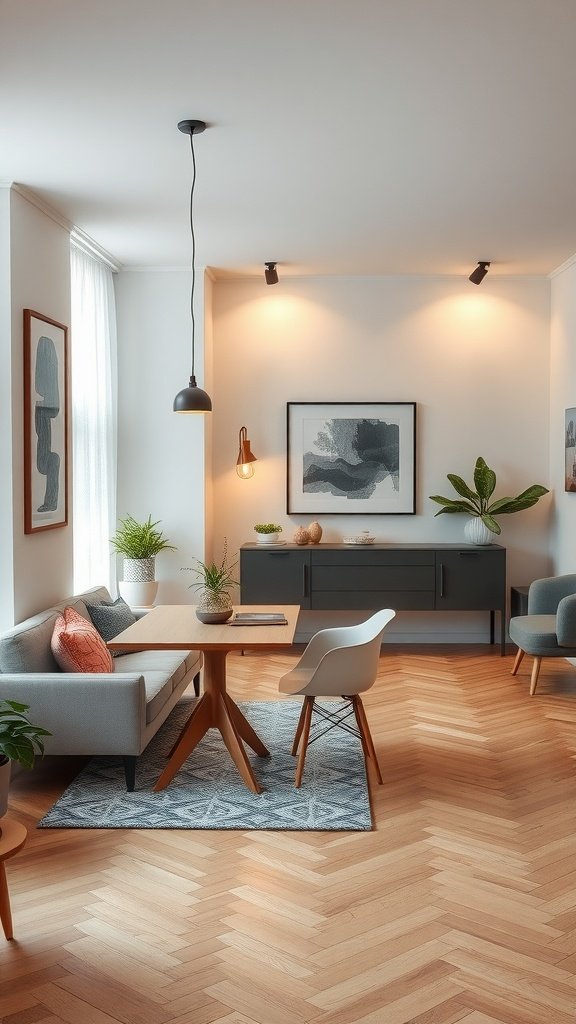 Cozy living dining room with low profile furniture featuring a soft sofa, a wooden dining table, and warm decorative elements.