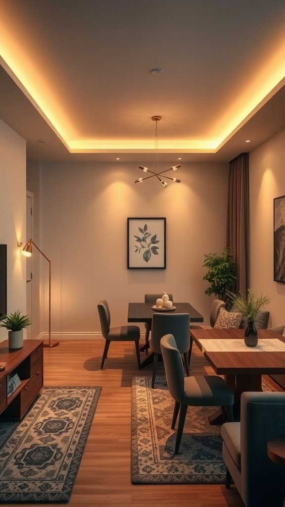 Cozy living dining room combo with warm lighting and modern decor