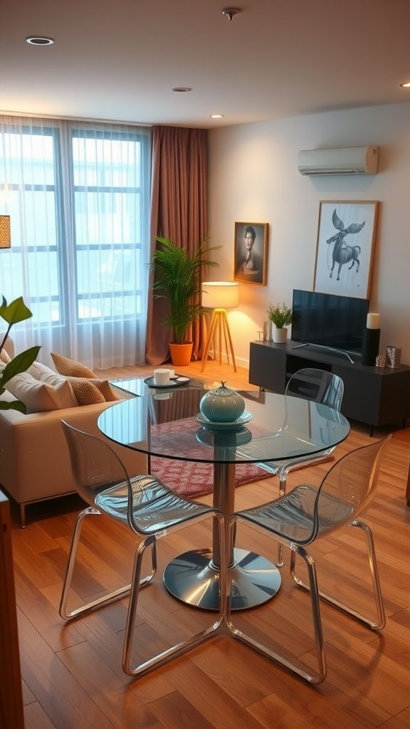 A small cozy living dining room with a glass dining table and clear chairs, featuring natural light from large windows.