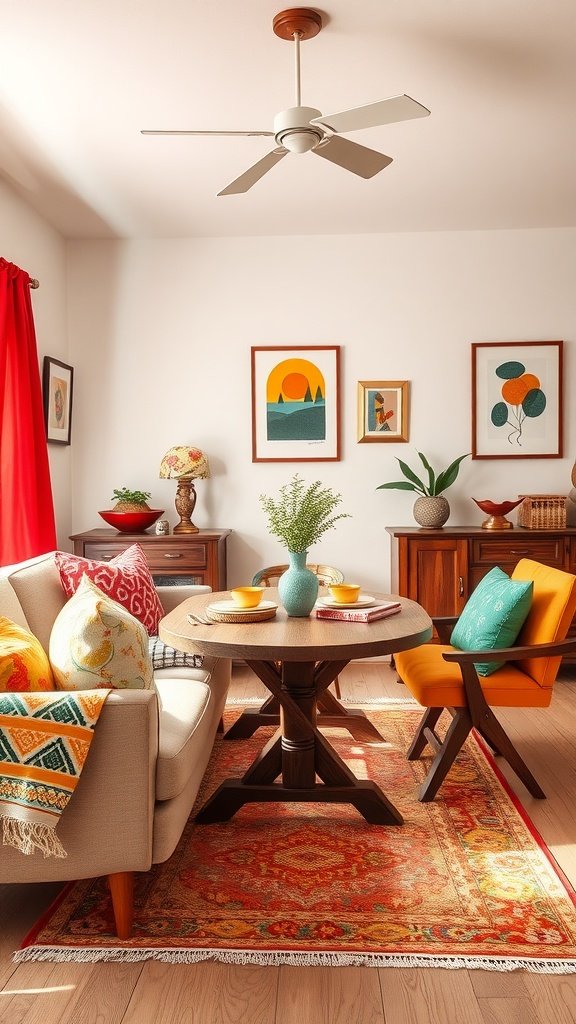 A cozy living dining room combo featuring vibrant colors, including red curtains, colorful cushions on a beige sofa, a round wooden table, and decorative artwork on the walls.