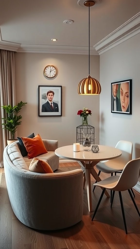 A cozy living dining room featuring a curved couch, round dining table, and stylish decor.