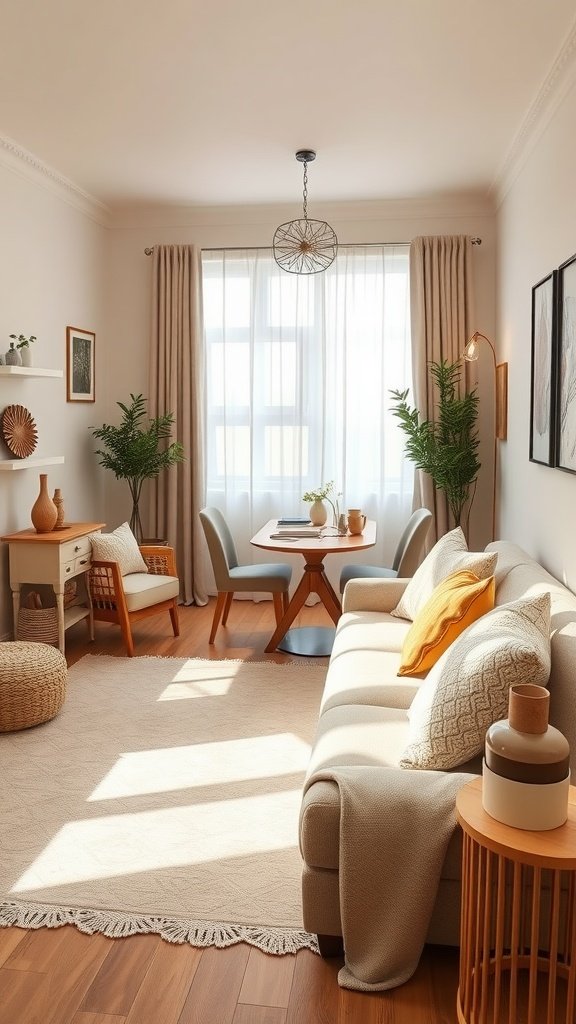 Cozy living dining room with neutral tones, a sofa, dining table, and natural elements.