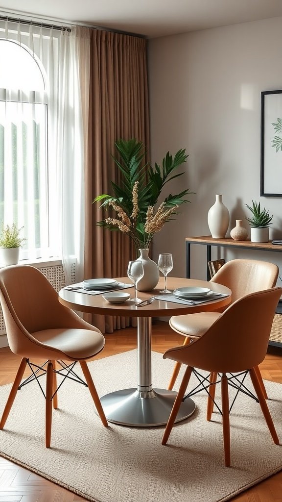A cozy dining area featuring a compact round table with two chairs, surrounded by plants and natural light.