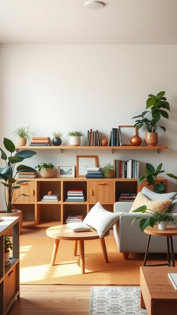 Cozy living dining room with open shelves displaying books and plants