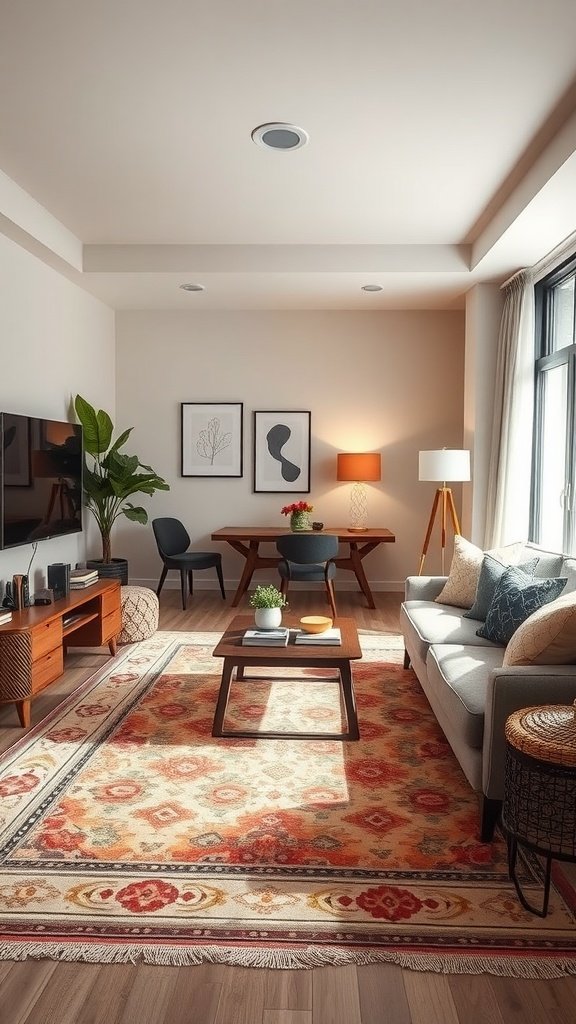 Cozy living dining room combo with a decorative rug defining the seating area and dining space.
