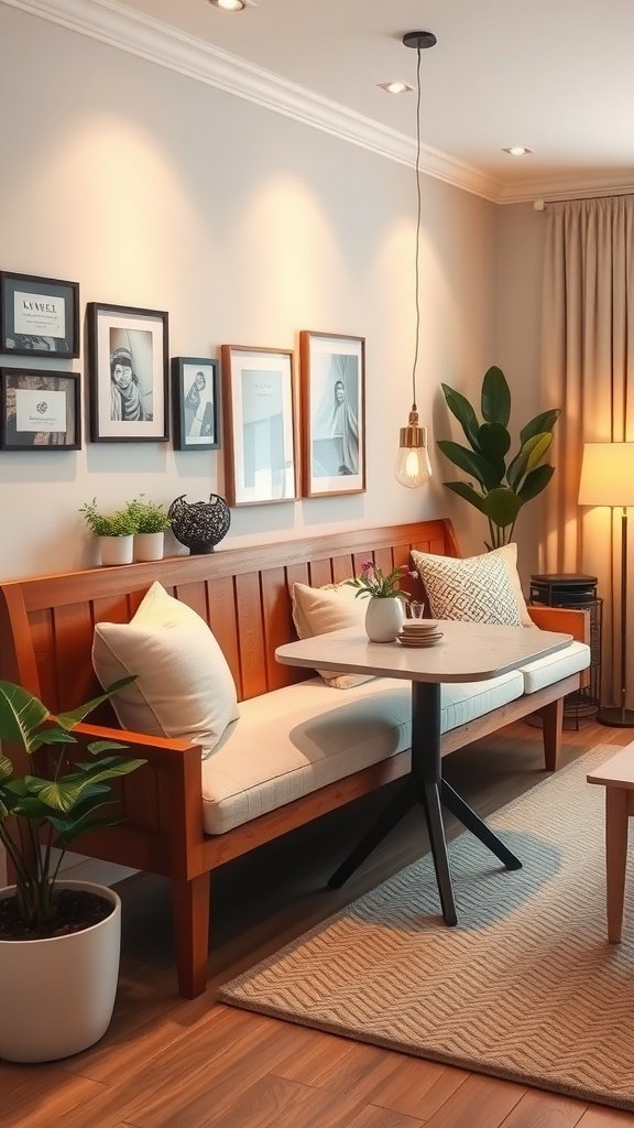 A cozy living dining room with multifunctional bench seating and a small table.