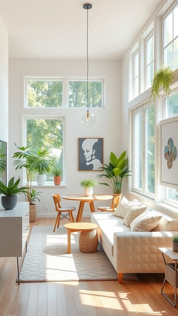 Cozy living dining room combo with large windows, plants, and modern decor.