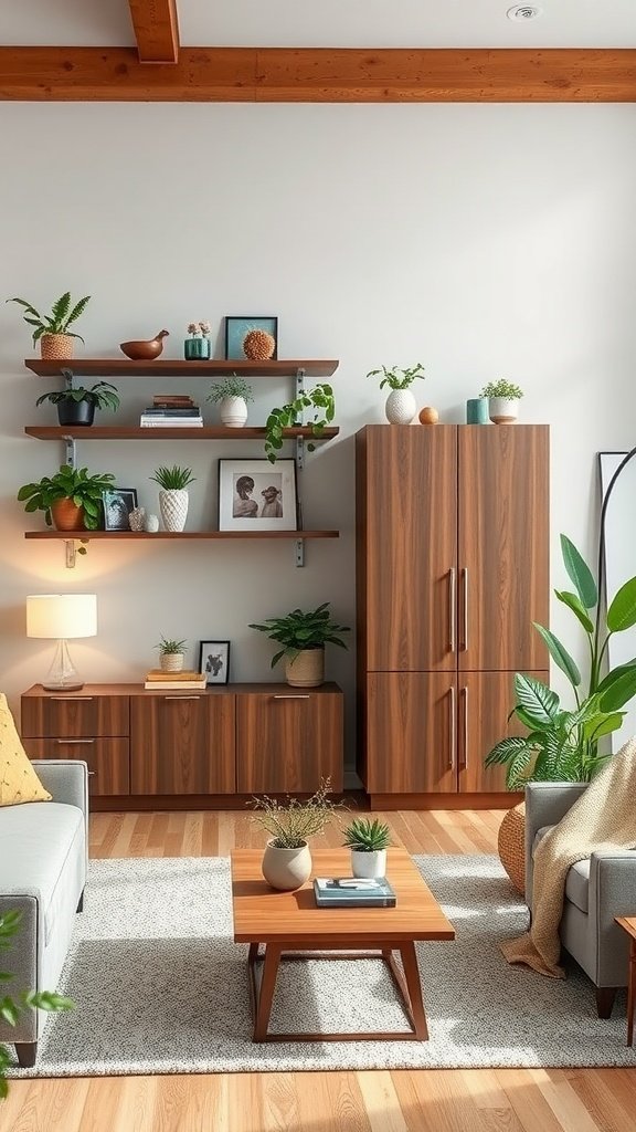 Cozy living dining room with vertical storage, shelves, and plants