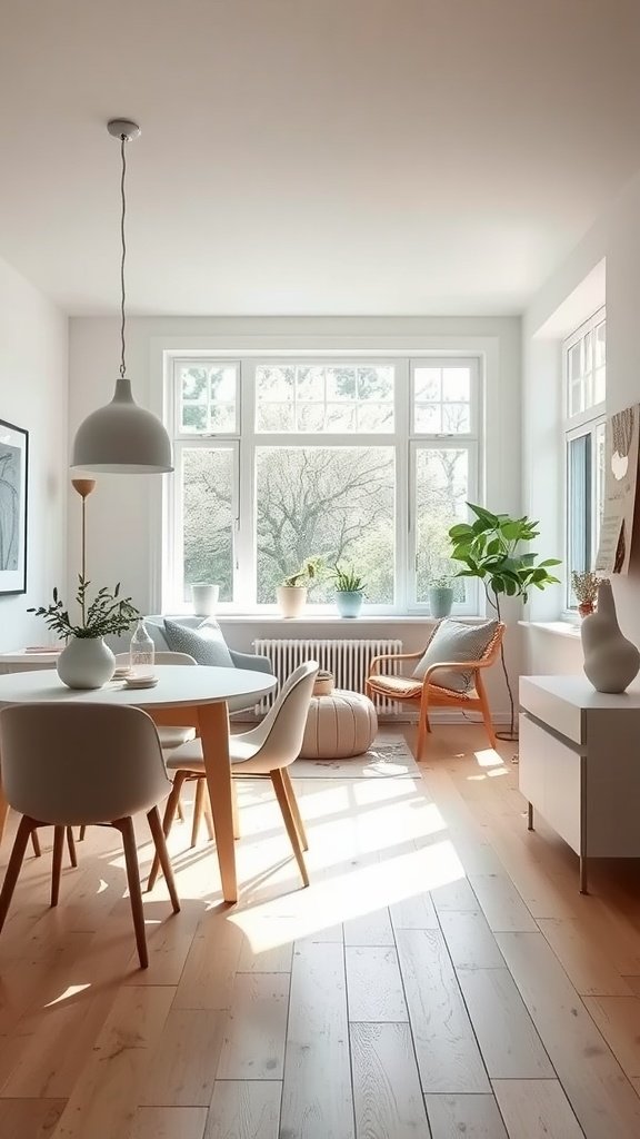 Cozy Scandinavian style living dining room with large windows and natural light