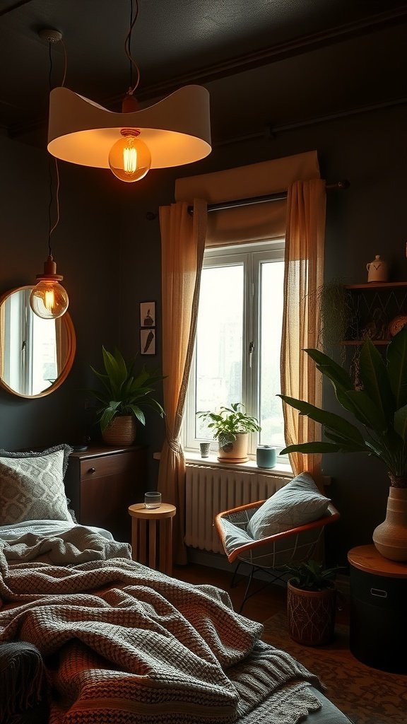 A cozy dark bohemian bedroom with sculptural mid-century lighting, plants, and soft bedding.
