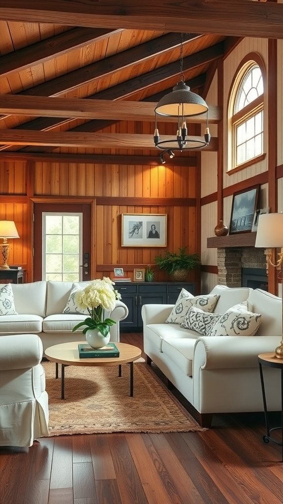 Cozy living room with white sofas, wood beams, and warm decor