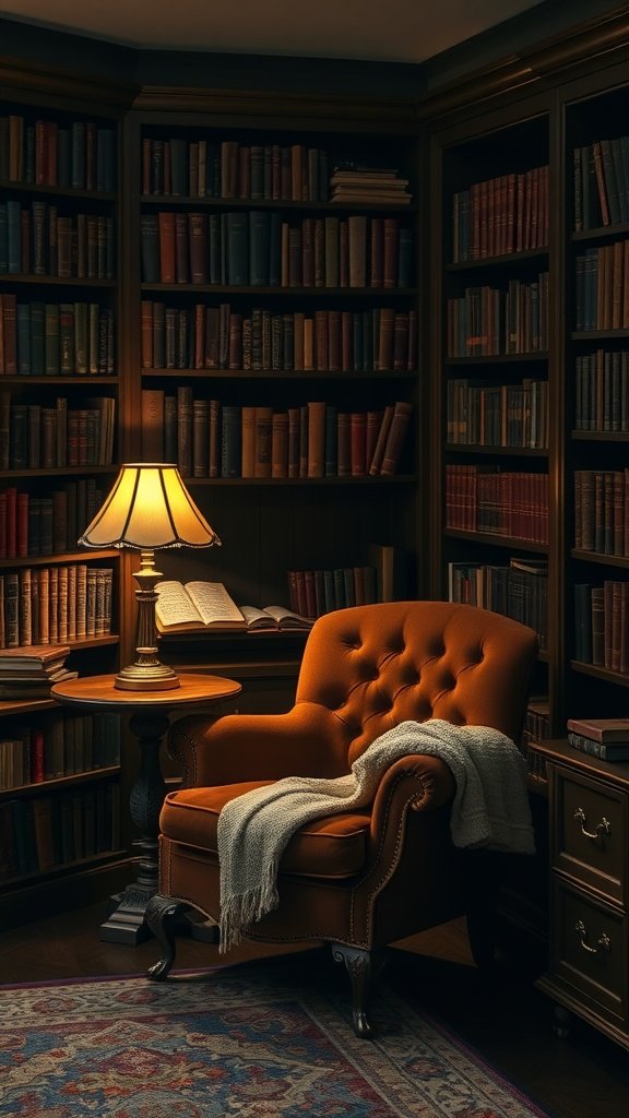 A classic armchair in a cozy reading nook surrounded by bookshelves.