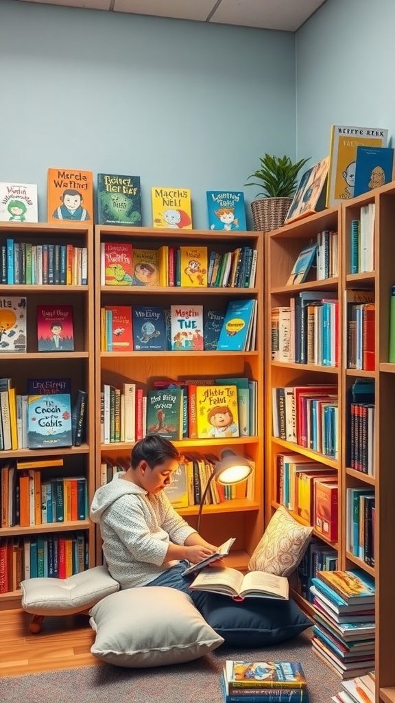 Cozy classroom reading corner with a child reading surrounded by colorful bookshelves.