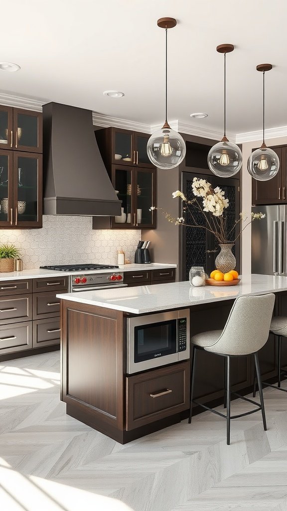 A modern kitchen featuring a peninsula with a built-in microwave, dark cabinetry, and stylish pendant lights.