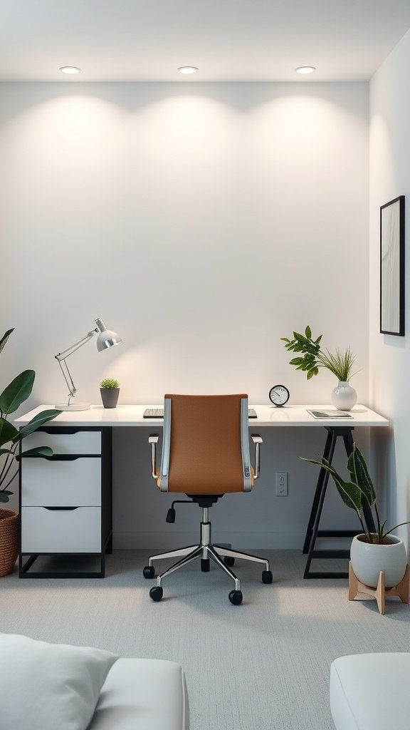 A minimalist home office setup featuring a modern desk, an ergonomic chair, ambient lighting, and plants.