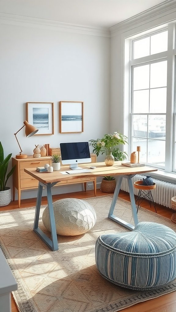 A bright and airy home office with coastal decor, featuring a wooden desk, blue poufs, and ocean-themed artwork.