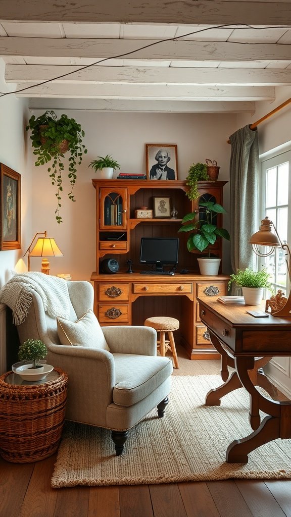 A cozy home office featuring a soft armchair, side table, and warm lighting, all in English cottage style.