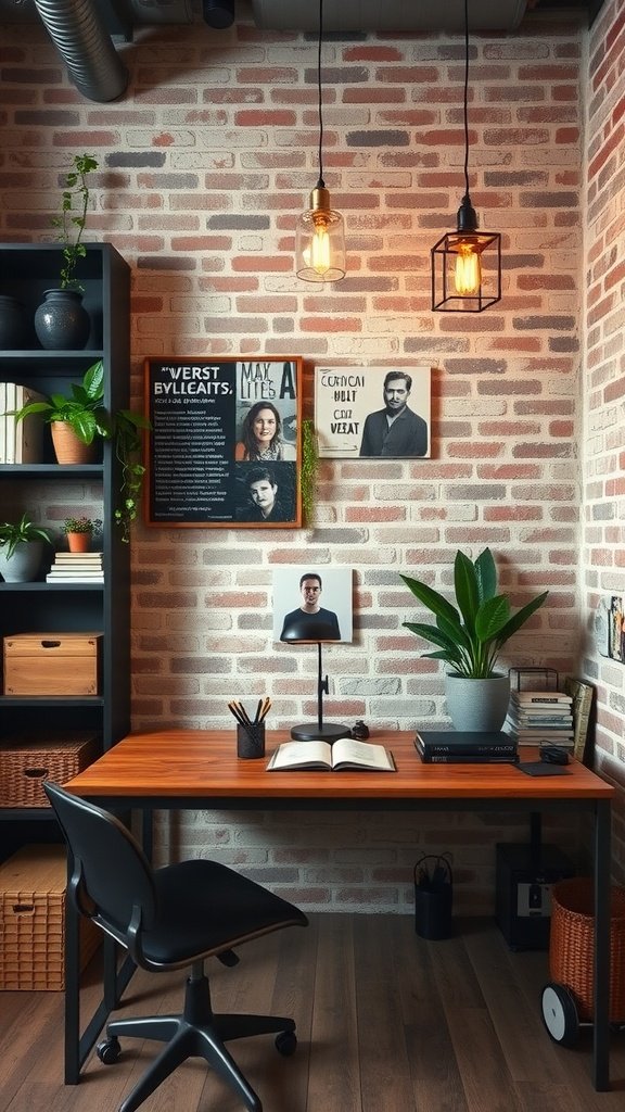 A stylish home office with industrial decor featuring a brick wall, wooden desk, plants, and decorative lighting.