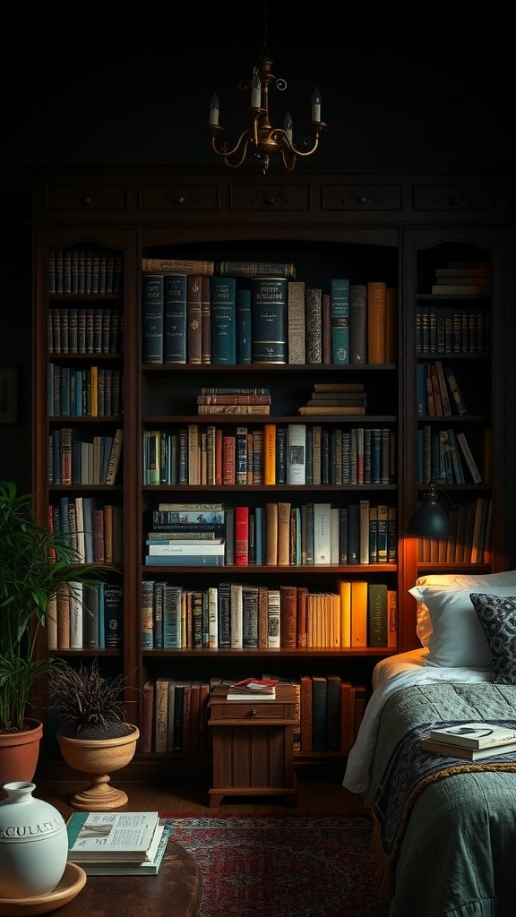 A cozy Dark Academia bedroom featuring a large bookshelf filled with books, a bed with inviting linens, and potted plants, all creating a warm atmosphere.