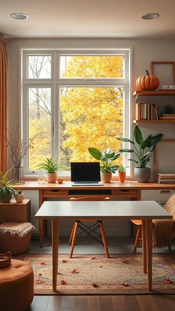 A cozy home office with a large window showing autumn foliage, featuring plants, a pumpkin, and warm-toned decor.