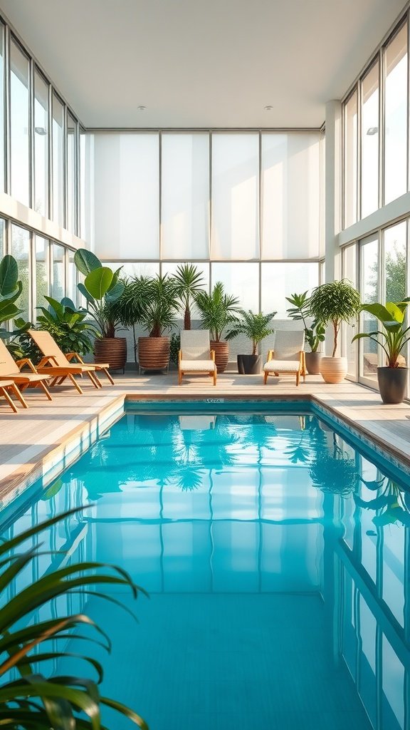 Indoor pool surrounded by glass walls and greenery