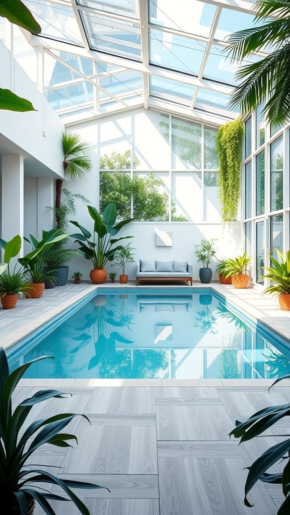 An indoor pool with glass walls surrounded by plants, featuring a sleek design and natural light