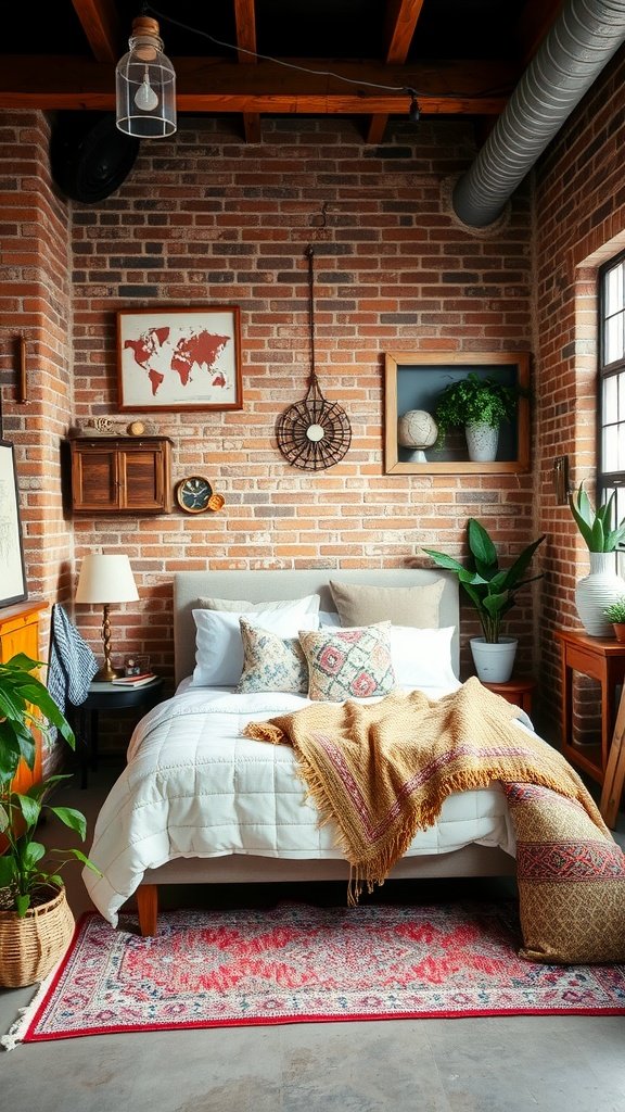 A stylish Industrial Boho bedroom featuring an exposed brick wall, plants, vintage decor, and cozy textiles.