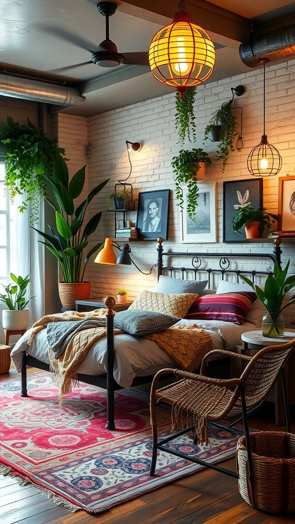 A cozy boho bedroom with industrial elements, featuring a metal bed frame, colorful pillows, and lush plants.