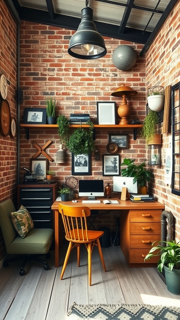 Cozy industrial-style office with exposed brick walls and modern furniture.